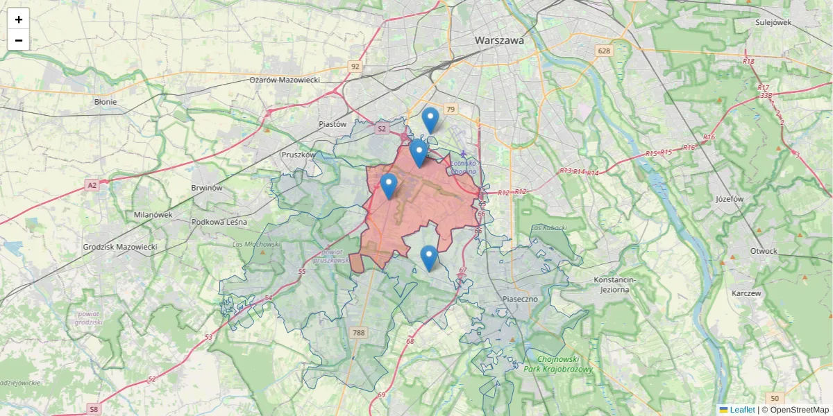 Szczegółowa mapa kodu pocztowego 05-090 z granicami, sąsiednimi kodami pocztowymi i urzędami pocztowymi