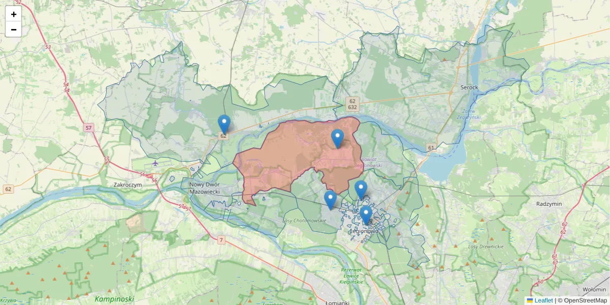 Szczegółowa mapa kodu pocztowego 05-124 z granicami, sąsiednimi kodami pocztowymi i urzędami pocztowymi