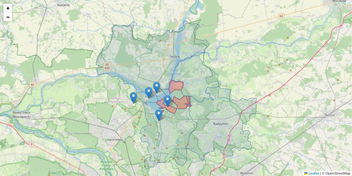 Szczegółowa mapa kodu pocztowego 05-127 z granicami, sąsiednimi kodami pocztowymi i urzędami pocztowymi