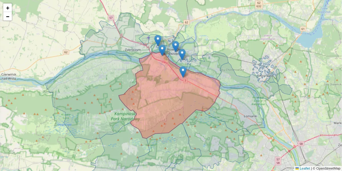 Szczegółowa mapa kodu pocztowego 05-152 z granicami, sąsiednimi kodami pocztowymi i urzędami pocztowymi