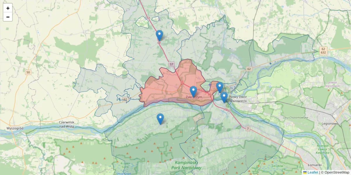 Szczegółowa mapa kodu pocztowego 05-170 z granicami, sąsiednimi kodami pocztowymi i urzędami pocztowymi