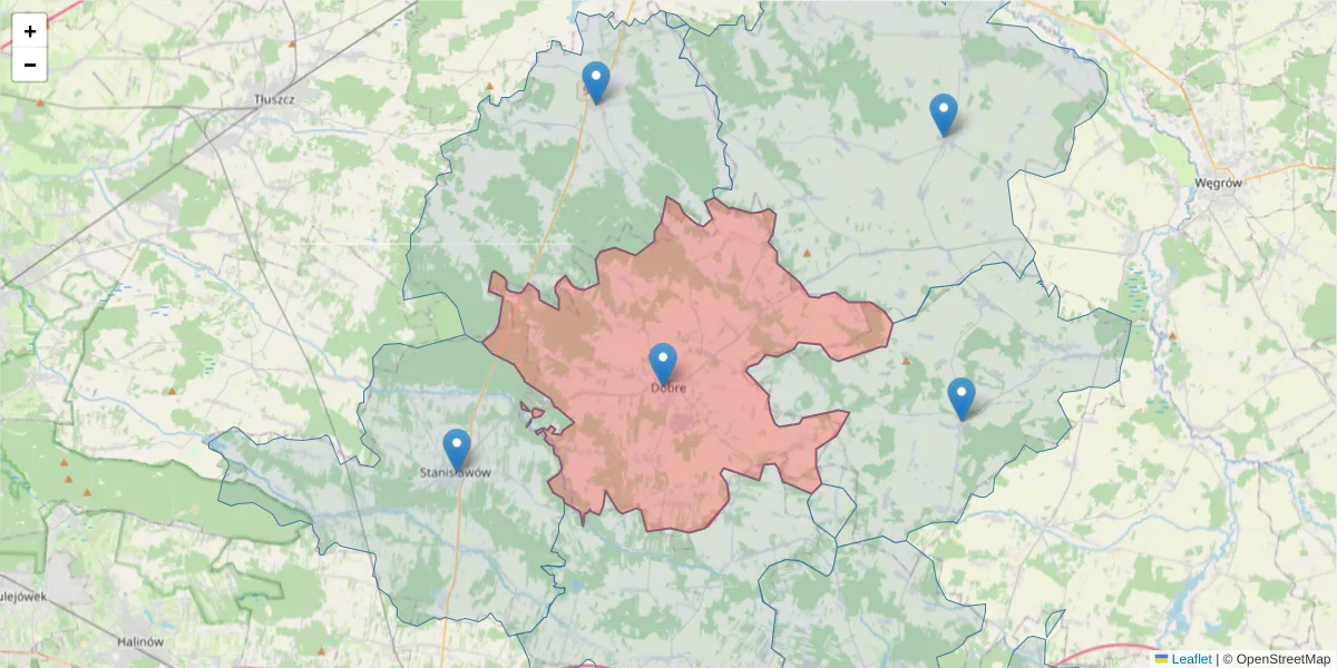 Szczegółowa mapa kodu pocztowego 05-307 z granicami, sąsiednimi kodami pocztowymi i urzędami pocztowymi