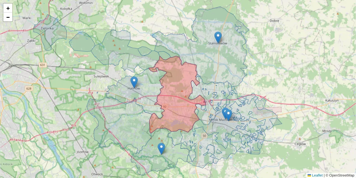 Szczegółowa mapa kodu pocztowego 05-311 z granicami, sąsiednimi kodami pocztowymi i urzędami pocztowymi