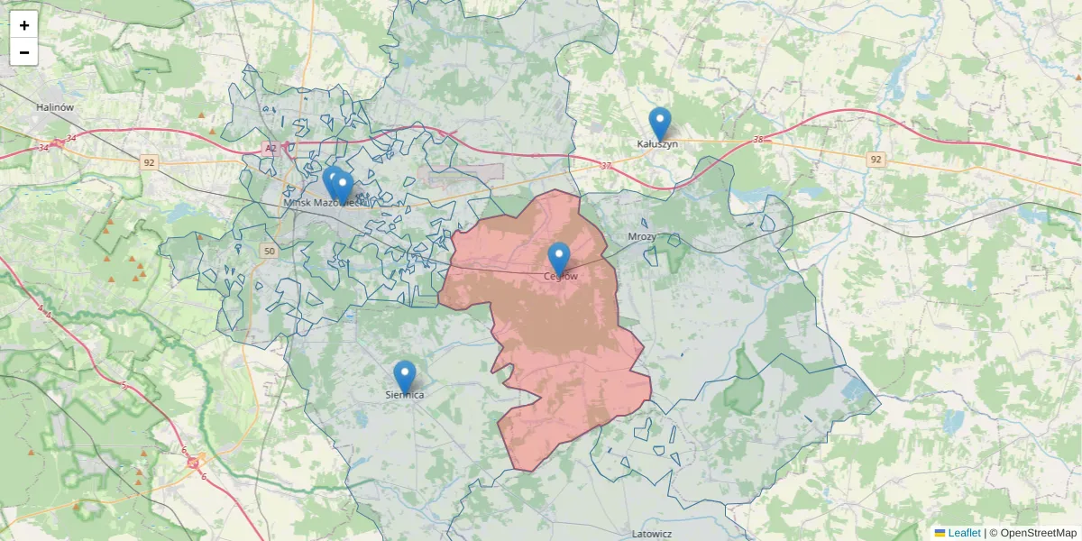 Szczegółowa mapa kodu pocztowego 05-319 z granicami, sąsiednimi kodami pocztowymi i urzędami pocztowymi