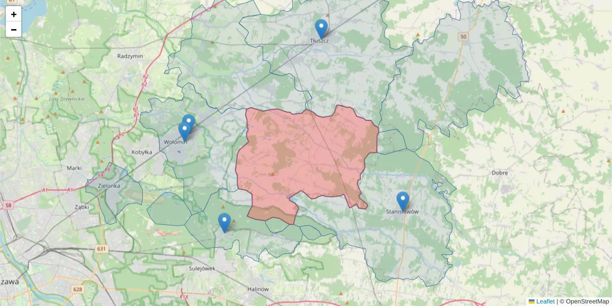 Szczegółowa mapa kodu pocztowego 05-326 z granicami, sąsiednimi kodami pocztowymi i urzędami pocztowymi