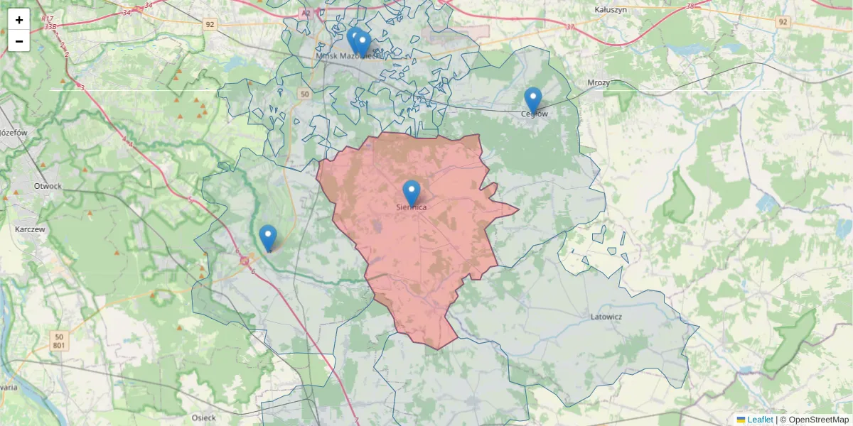 Szczegółowa mapa kodu pocztowego 05-332 z granicami, sąsiednimi kodami pocztowymi i urzędami pocztowymi