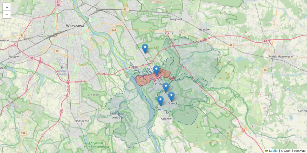 Szczegółowa mapa kodu pocztowego 05-410 z granicami, sąsiednimi kodami pocztowymi i urzędami pocztowymi