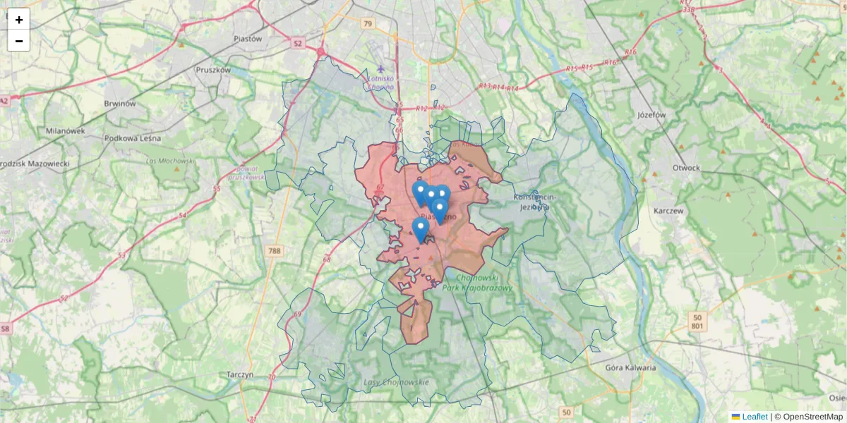 Szczegółowa mapa kodu pocztowego 05-500 z granicami, sąsiednimi kodami pocztowymi i urzędami pocztowymi