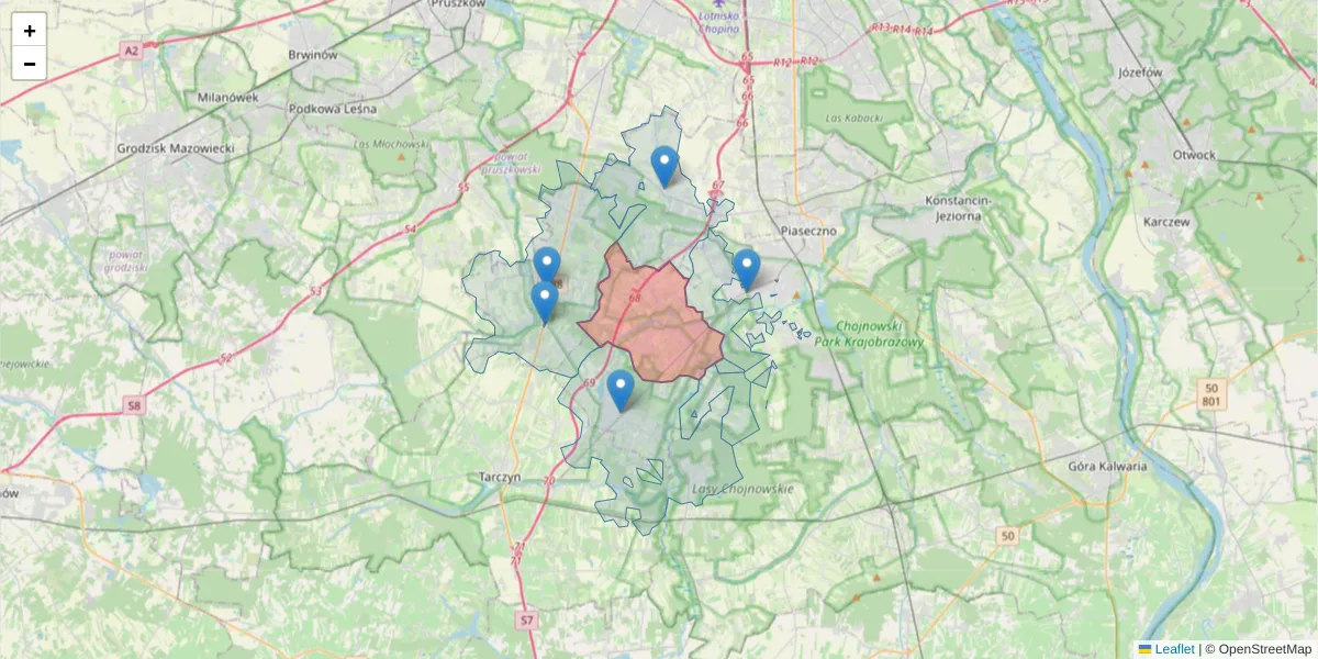 Szczegółowa mapa kodu pocztowego 05-503 z granicami, sąsiednimi kodami pocztowymi i urzędami pocztowymi