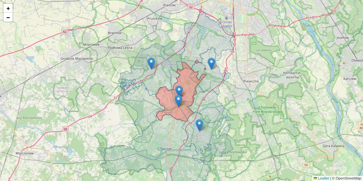 Szczegółowa mapa kodu pocztowego 05-552 z granicami, sąsiednimi kodami pocztowymi i urzędami pocztowymi