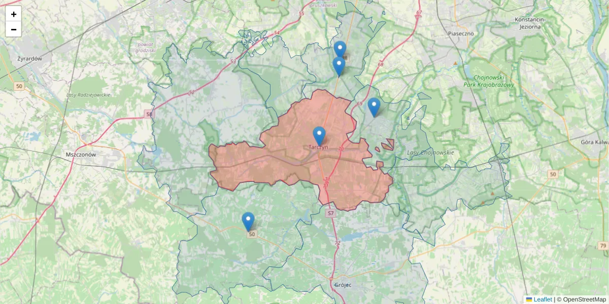 Szczegółowa mapa kodu pocztowego 05-555 z granicami, sąsiednimi kodami pocztowymi i urzędami pocztowymi