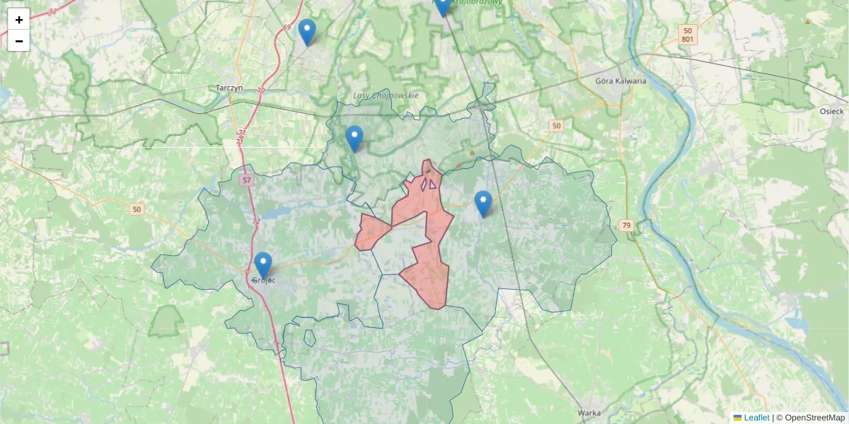 Szczegółowa mapa kodu pocztowego 05-651 z granicami, sąsiednimi kodami pocztowymi i urzędami pocztowymi
