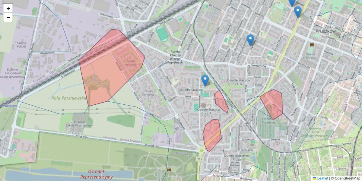 Szczegółowa mapa kodu pocztowego 05-804 z granicami, sąsiednimi kodami pocztowymi i urzędami pocztowymi