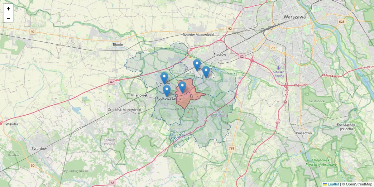 Szczegółowa mapa kodu pocztowego 05-805 z granicami, sąsiednimi kodami pocztowymi i urzędami pocztowymi