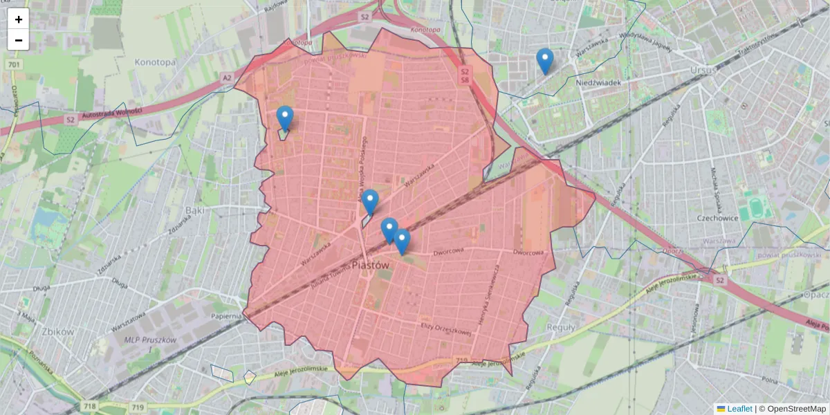 Szczegółowa mapa kodu pocztowego 05-820 z granicami, sąsiednimi kodami pocztowymi i urzędami pocztowymi