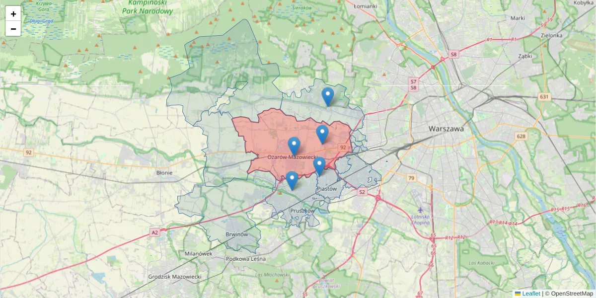Szczegółowa mapa kodu pocztowego 05-850 z granicami, sąsiednimi kodami pocztowymi i urzędami pocztowymi