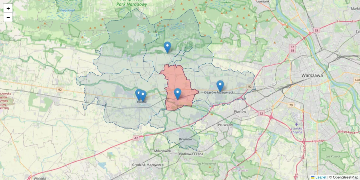 Szczegółowa mapa kodu pocztowego 05-860 z granicami, sąsiednimi kodami pocztowymi i urzędami pocztowymi