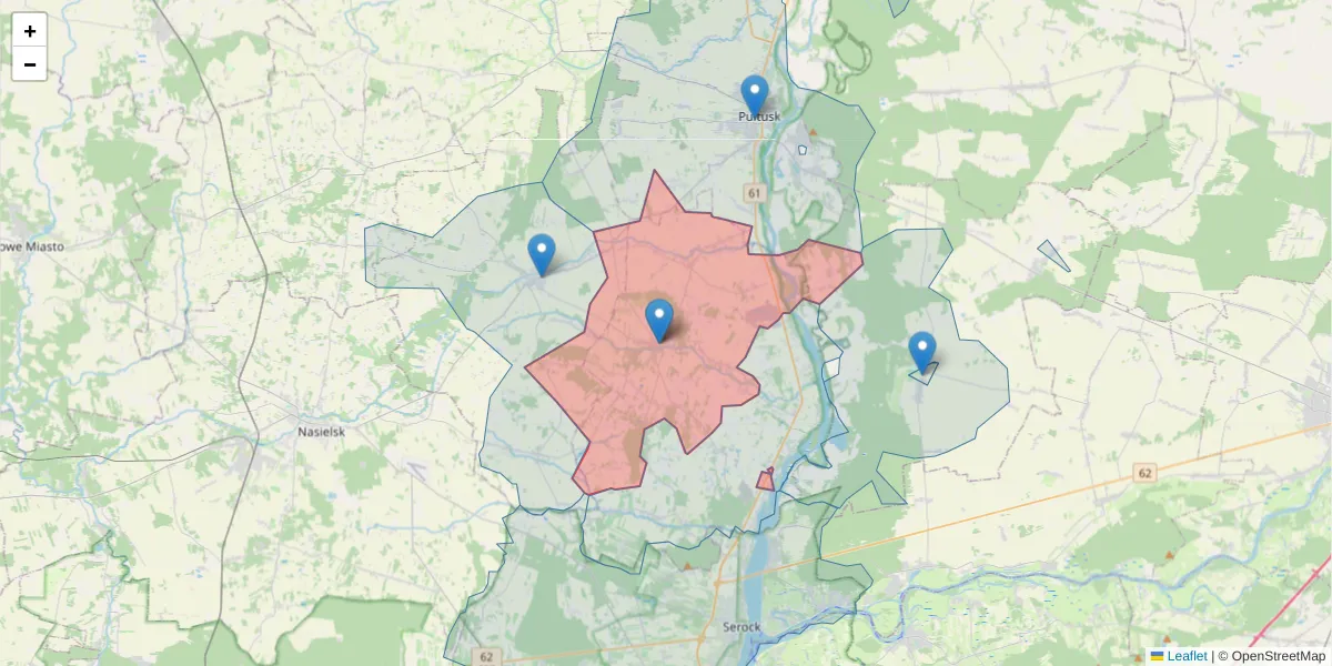 Szczegółowa mapa kodu pocztowego 06-121 z granicami, sąsiednimi kodami pocztowymi i urzędami pocztowymi