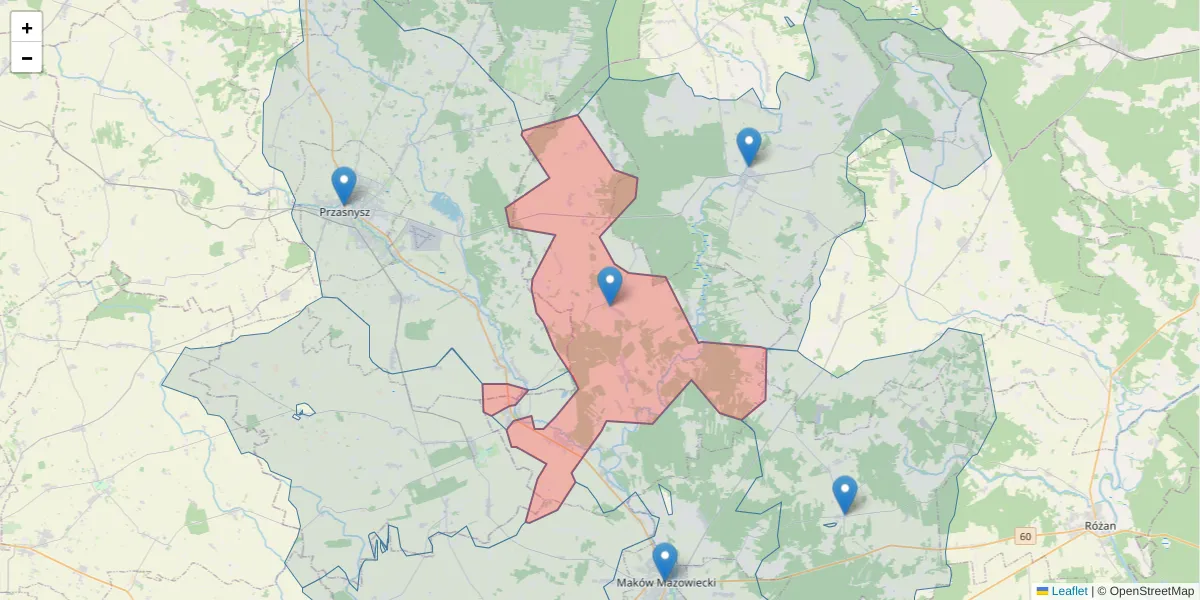 Szczegółowa mapa kodu pocztowego 06-210 z granicami, sąsiednimi kodami pocztowymi i urzędami pocztowymi