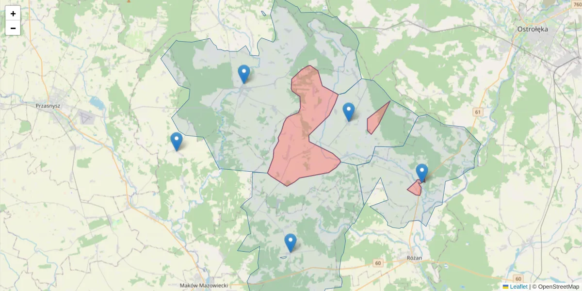 Szczegółowa mapa kodu pocztowego 06-213 z granicami, sąsiednimi kodami pocztowymi i urzędami pocztowymi