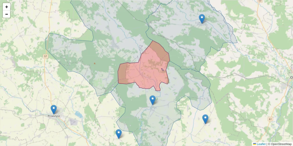 Szczegółowa mapa kodu pocztowego 06-214 z granicami, sąsiednimi kodami pocztowymi i urzędami pocztowymi