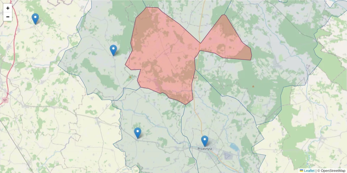 Szczegółowa mapa kodu pocztowego 06-316 z granicami, sąsiednimi kodami pocztowymi i urzędami pocztowymi