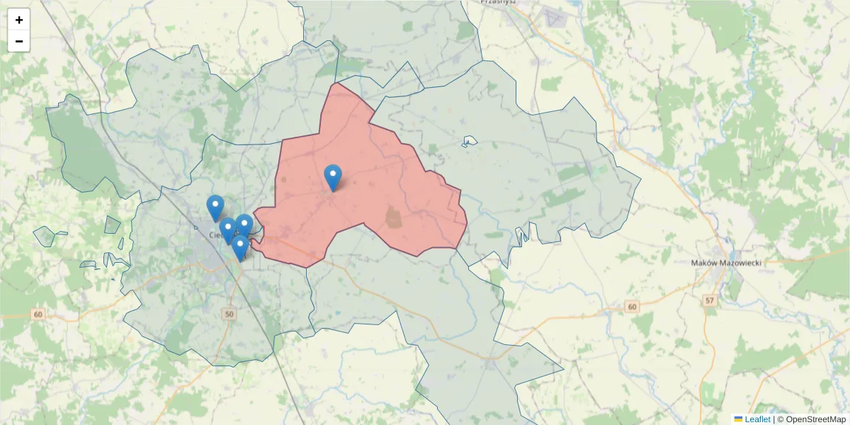 Szczegółowa mapa kodu pocztowego 06-406 z granicami, sąsiednimi kodami pocztowymi i urzędami pocztowymi