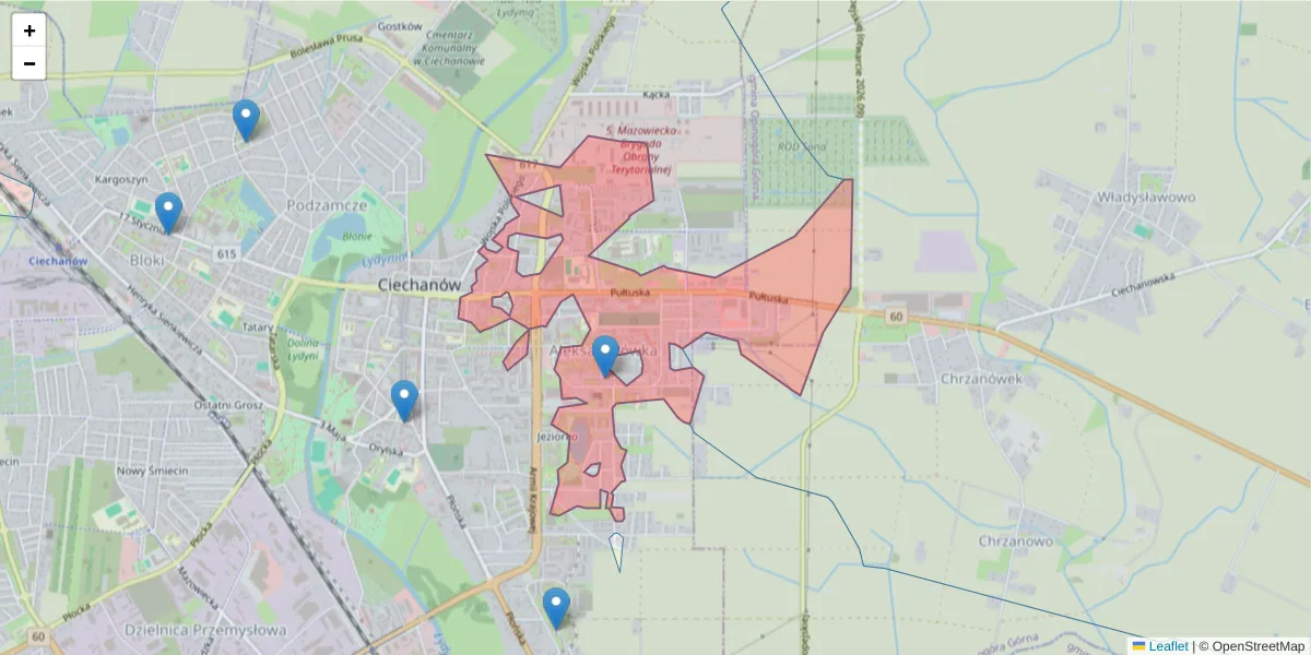 Szczegółowa mapa kodu pocztowego 06-413 z granicami, sąsiednimi kodami pocztowymi i urzędami pocztowymi