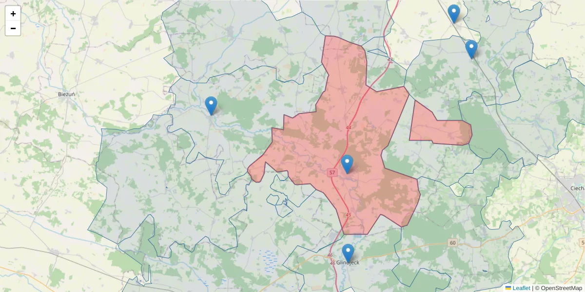 Szczegółowa mapa kodu pocztowego 06-445 z granicami, sąsiednimi kodami pocztowymi i urzędami pocztowymi