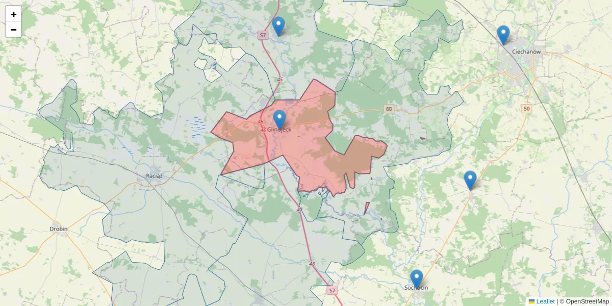 Szczegółowa mapa kodu pocztowego 06-450 z granicami, sąsiednimi kodami pocztowymi i urzędami pocztowymi