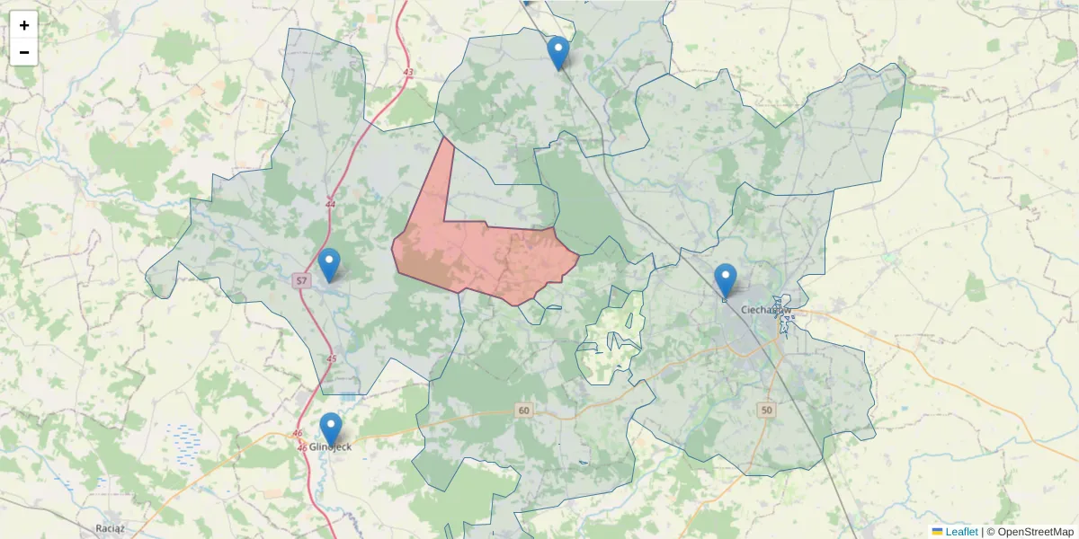Szczegółowa mapa kodu pocztowego 06-458 z granicami, sąsiednimi kodami pocztowymi i urzędami pocztowymi