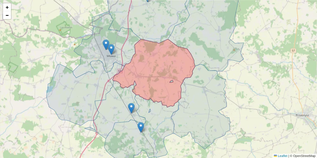 Szczegółowa mapa kodu pocztowego 06-516 z granicami, sąsiednimi kodami pocztowymi i urzędami pocztowymi