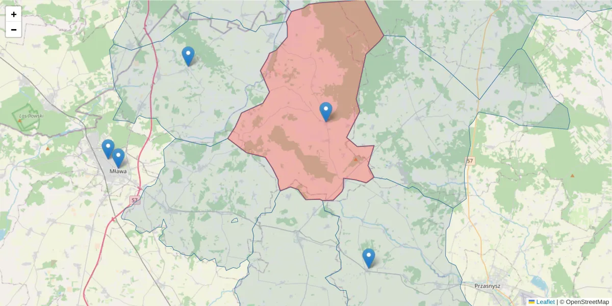 Szczegółowa mapa kodu pocztowego 06-520 z granicami, sąsiednimi kodami pocztowymi i urzędami pocztowymi