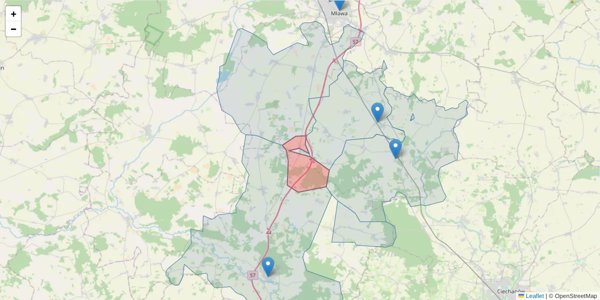 Szczegółowa mapa kodu pocztowego 06-522 z granicami, sąsiednimi kodami pocztowymi i urzędami pocztowymi