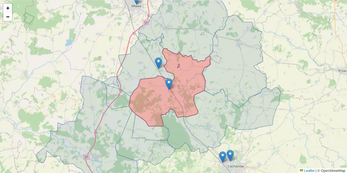 Szczegółowa mapa kodu pocztowego 06-560 z granicami, sąsiednimi kodami pocztowymi i urzędami pocztowymi