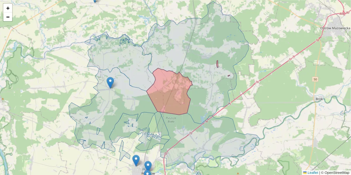 Szczegółowa mapa kodu pocztowego 07-211 z granicami, sąsiednimi kodami pocztowymi i urzędami pocztowymi