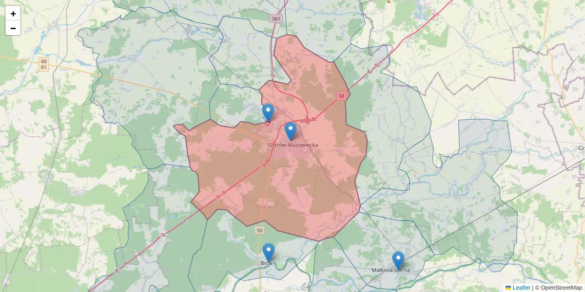 Szczegółowa mapa kodu pocztowego 07-300 z granicami, sąsiednimi kodami pocztowymi i urzędami pocztowymi