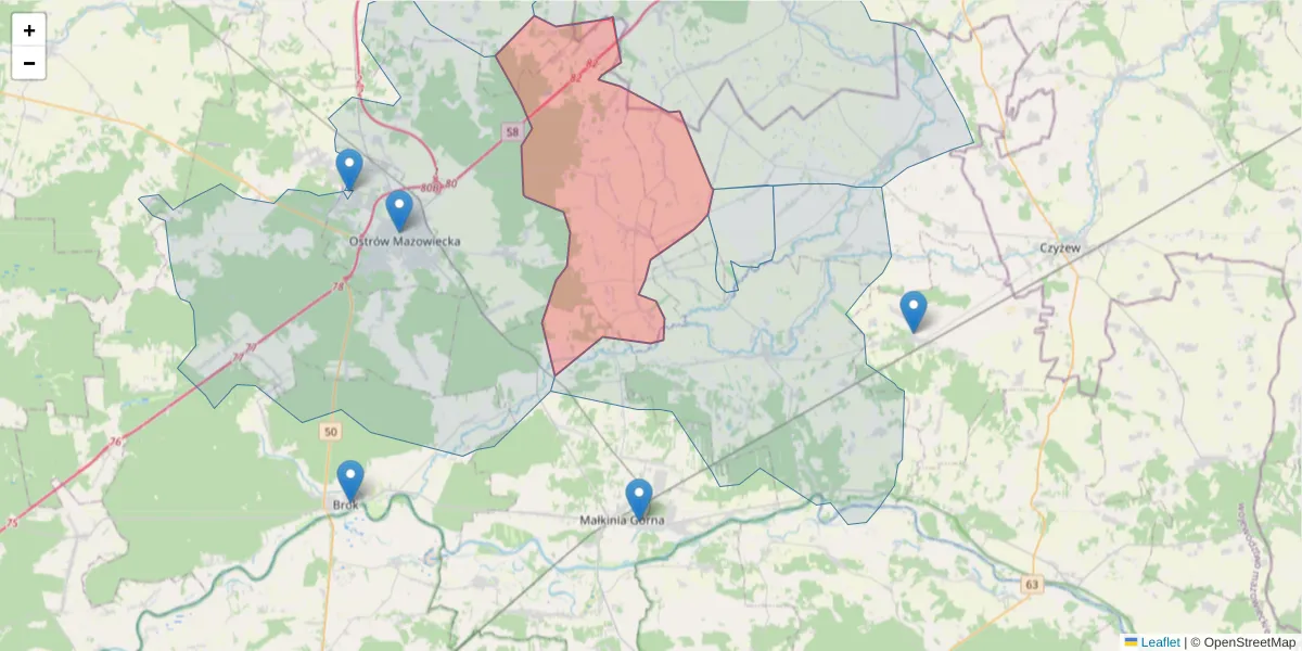 Szczegółowa mapa kodu pocztowego 07-304 z granicami, sąsiednimi kodami pocztowymi i urzędami pocztowymi