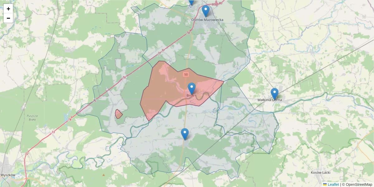 Szczegółowa mapa kodu pocztowego 07-306 z granicami, sąsiednimi kodami pocztowymi i urzędami pocztowymi