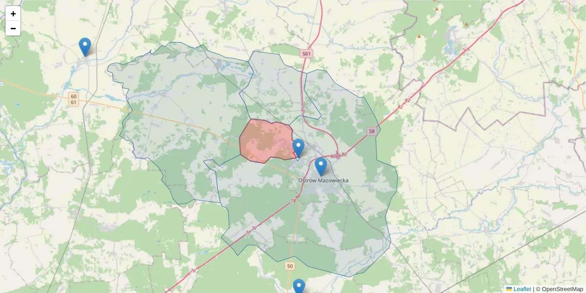 Szczegółowa mapa kodu pocztowego 07-310 z granicami, sąsiednimi kodami pocztowymi i urzędami pocztowymi