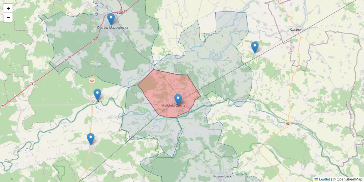 Szczegółowa mapa kodu pocztowego 07-320 z granicami, sąsiednimi kodami pocztowymi i urzędami pocztowymi