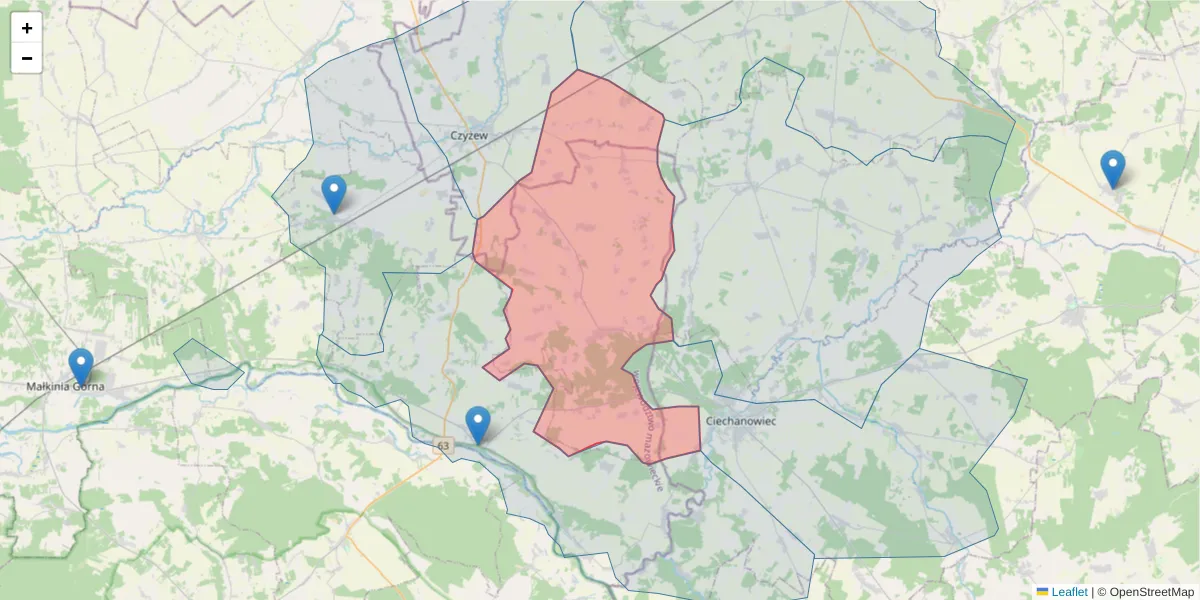 Szczegółowa mapa kodu pocztowego 07-325 z granicami, sąsiednimi kodami pocztowymi i urzędami pocztowymi