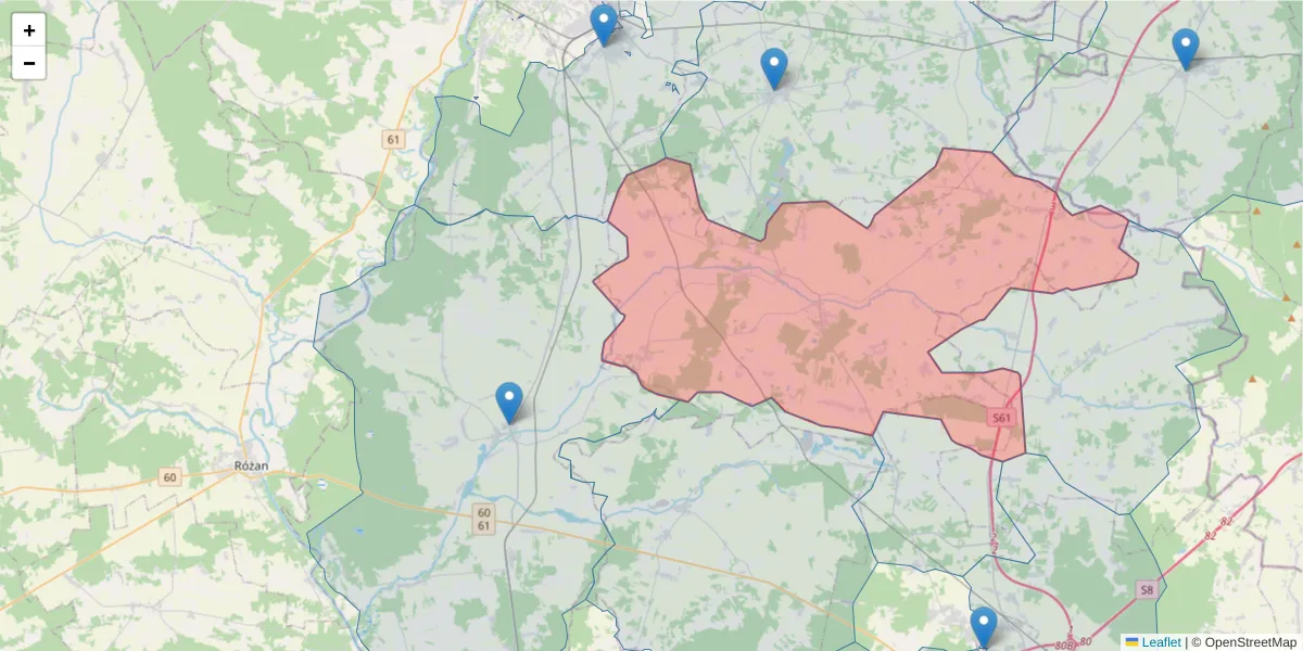 Szczegółowa mapa kodu pocztowego 07-407 z granicami, sąsiednimi kodami pocztowymi i urzędami pocztowymi