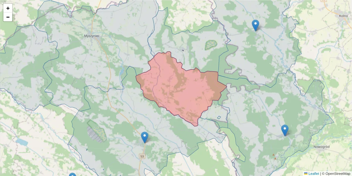 Szczegółowa mapa kodu pocztowego 07-436 z granicami, sąsiednimi kodami pocztowymi i urzędami pocztowymi