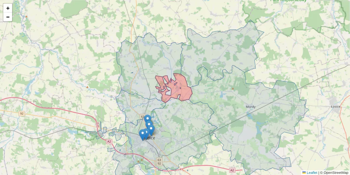 Szczegółowa mapa kodu pocztowego 08-104 z granicami, sąsiednimi kodami pocztowymi i urzędami pocztowymi