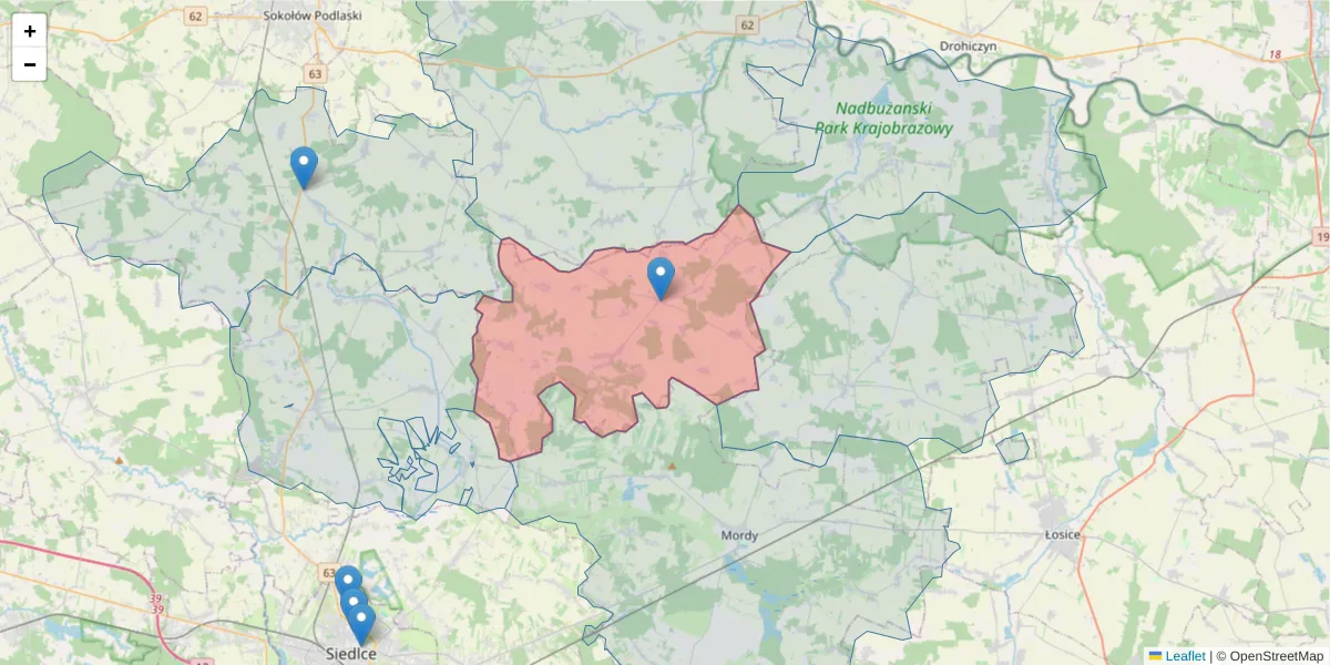 Szczegółowa mapa kodu pocztowego 08-107 z granicami, sąsiednimi kodami pocztowymi i urzędami pocztowymi