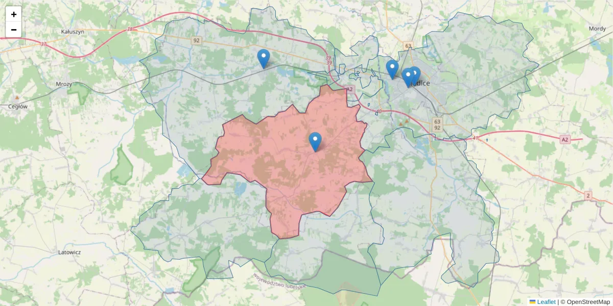 Szczegółowa mapa kodu pocztowego 08-114 z granicami, sąsiednimi kodami pocztowymi i urzędami pocztowymi