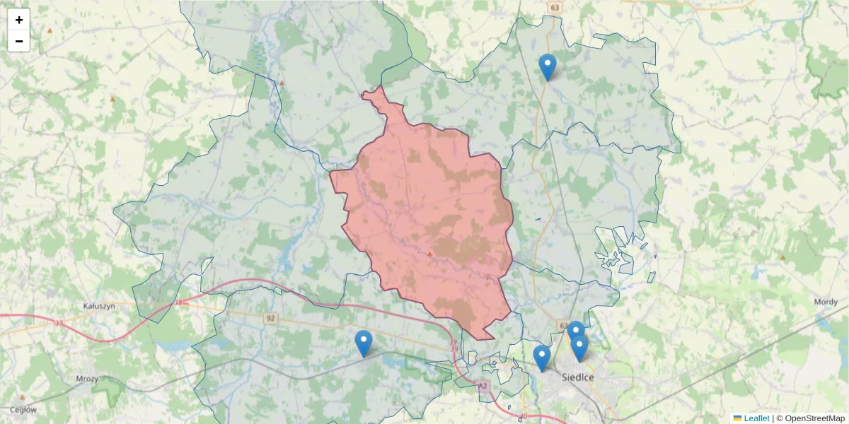 Szczegółowa mapa kodu pocztowego 08-124 z granicami, sąsiednimi kodami pocztowymi i urzędami pocztowymi