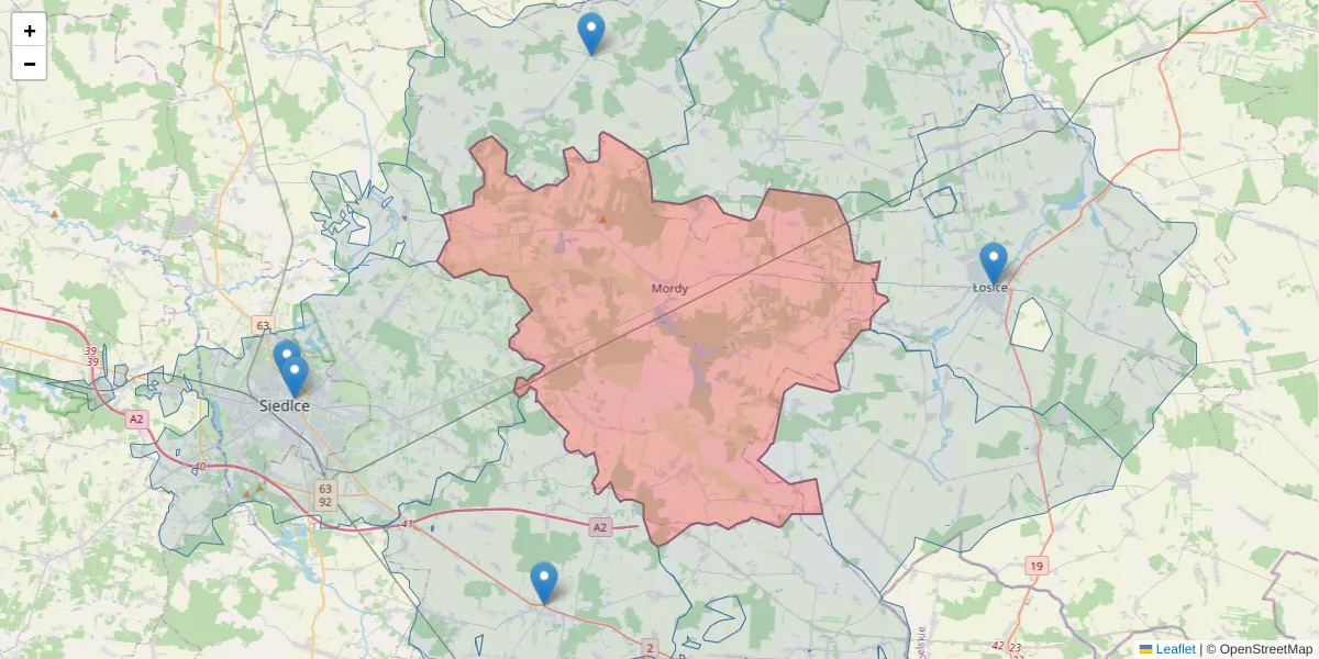 Szczegółowa mapa kodu pocztowego 08-140 z granicami, sąsiednimi kodami pocztowymi i urzędami pocztowymi
