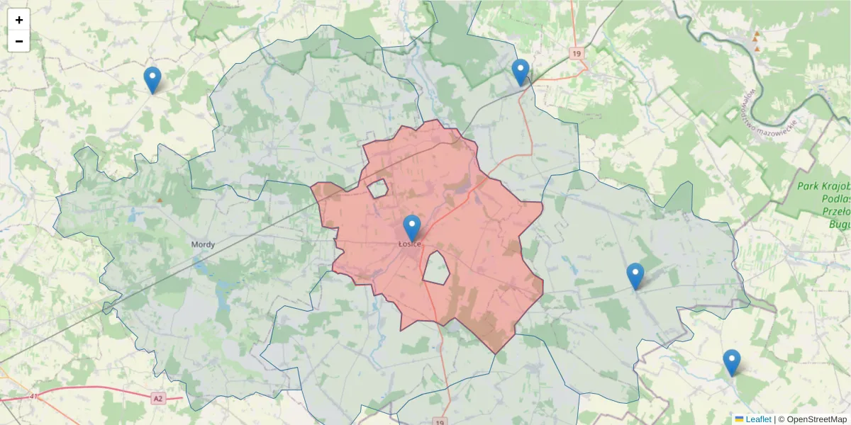 Szczegółowa mapa kodu pocztowego 08-200 z granicami, sąsiednimi kodami pocztowymi i urzędami pocztowymi